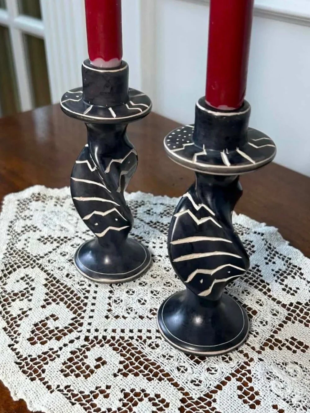 Pair of Vintage Kenyan Carved Soapstone Twisted Candlestick Holders 6.25”